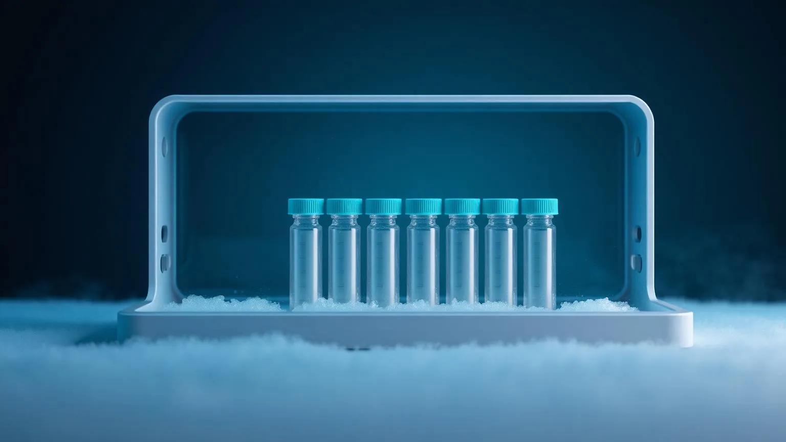 Viales de péptidos de investigación almacenados en una caja fría dentro de un congelador de laboratorio