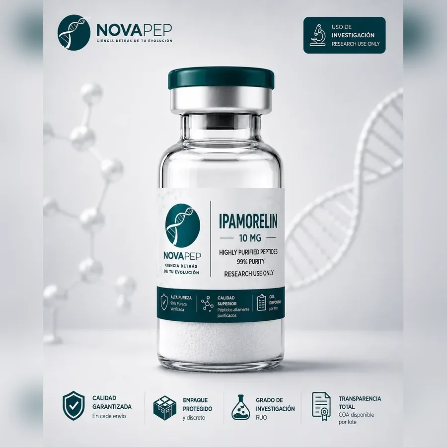Vial de Ipamorelin 10mg de NOVAPEP Colombia, péptido de investigación (RUO)