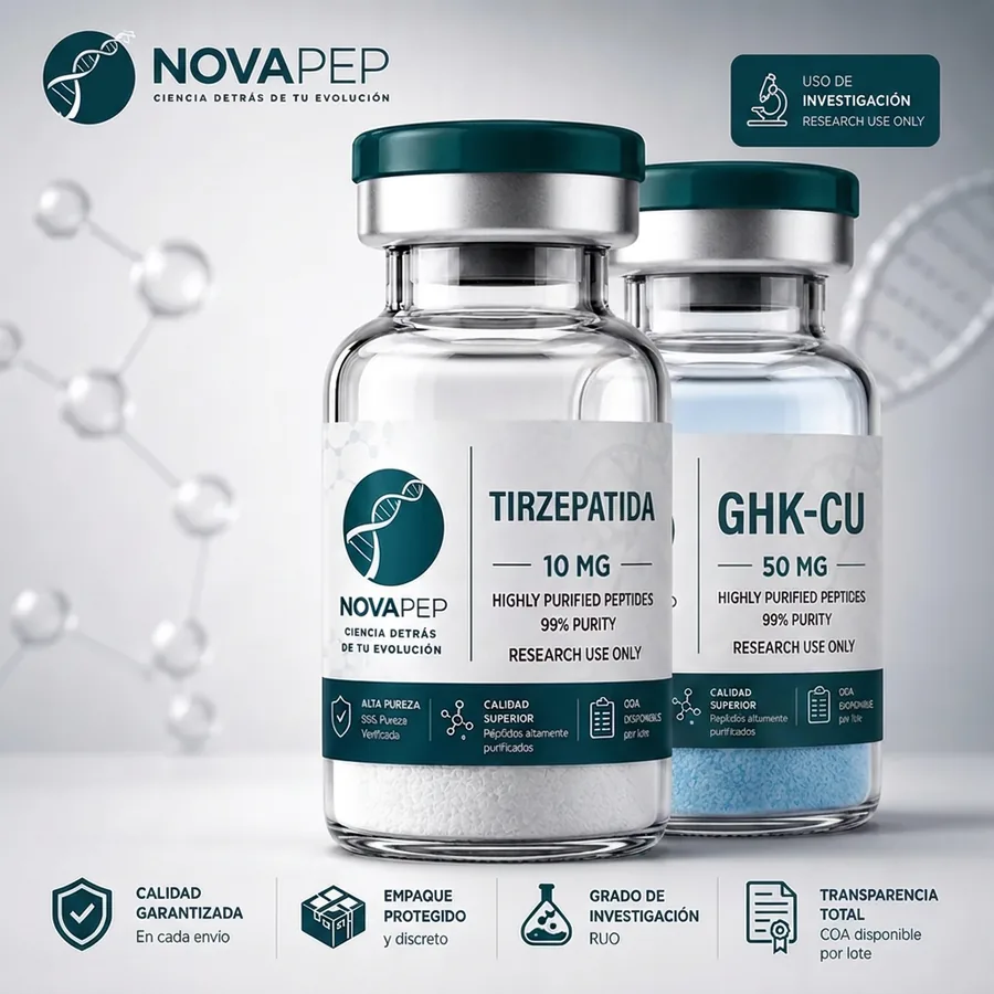 Vial de Stack Peso y Piel de NOVAPEP Colombia, péptido de investigación (RUO)
